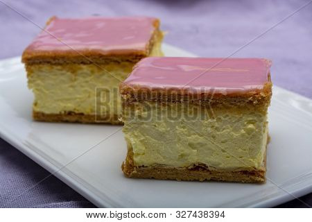 Tompoes Or Tompouce, Iconic Pastry In Netherlands And Belgium Made From Puff Dough, Icing, Cream