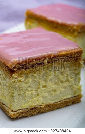 Tompoes Or Tompouce, Iconic Pastry In Netherlands And Belgium Made From Puff Dough, Icing, Cream