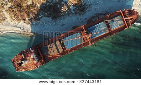 Cargo Ship Run Aground At Sea Coastline Near Novorossiysk And Gelendzhik. Shipwreck Accident Of Naut