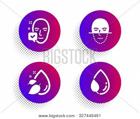 Water Drop, Face Recognition And Face Accepted Icons Simple Set. Halftone Dots Button. Leaf Dew Sign