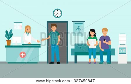 Modern Medical Clinic Reception Interior With Furniture. Woman Receptionist With Doctor And Patients