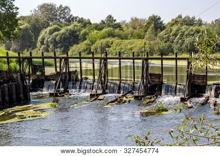 An Old Abandoned Dam On The Nara River In Naro-fominsk, Russia