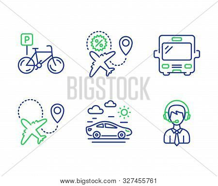 Airplane, Bicycle Parking And Flight Sale Line Icons Set. Bus, Car Travel And Shipping Support Signs