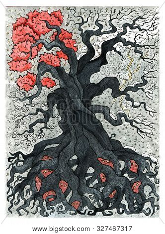Old Scary Tree With Roots And Branches And Four Seasons Of Year. Colorful Graphic Engraved Illustrat