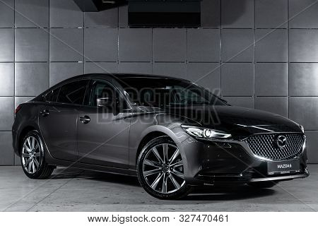 Novosibirsk, Russia - October 04, 2019:  New Black Mazda 6,front View.  Photography Of A Modern Seda