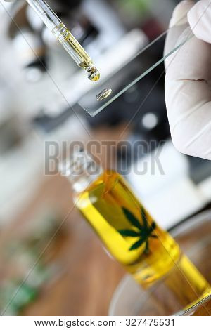 Focus On Pharmacist Hand Dripping Drops Of Cannabinoid Oil With Pipette On Test Glass. Testing Of Cb