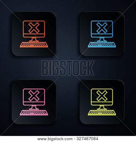 Color Neon Line Computer With Keyboard And X Mark Icon On White Background. Error Window, Exit Butto