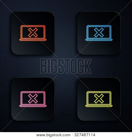Color Neon Line Laptop And Cross Mark On Screen Icon On White Background. Error Window, Exit Button,