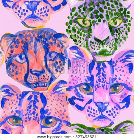 Cute Leopard, Cheetah, Jaguar Muzzles Graphic Background. Creative Watercolor Illustration With Exot