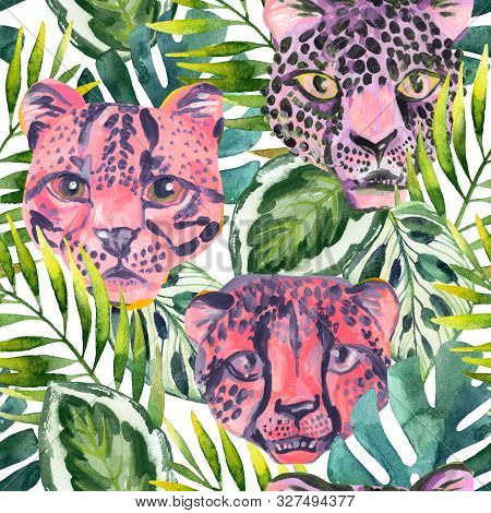 Cool Trendy African Animals Seamless Pattern. Watercolor Animal Print Pattern With Cute Leopard, Che