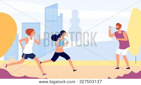 Running Training. Female Running Competition Vector Concept. Flat Women Run In Park, Coach With Stop