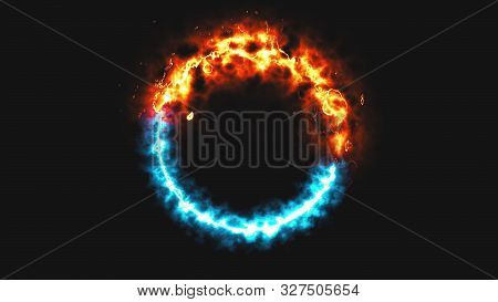 Bright Dymanic Fire And Ice Ring In Space, This Is Opposite Symbol, 3d Render, Computer Generated Ba