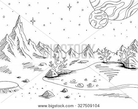Alien Planet Graphic Black White Space Landscape Sketch Illustration Vector