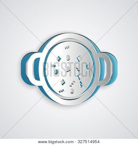 Paper Cut Cooking Soup In Pot Icon Isolated On Grey Background. Boil Or Stew Food Symbol. Paper Art 