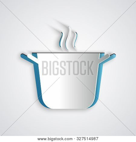 Paper Cut Cooking Pot Icon Isolated On Grey Background. Boil Or Stew Food Symbol. Paper Art Style. V