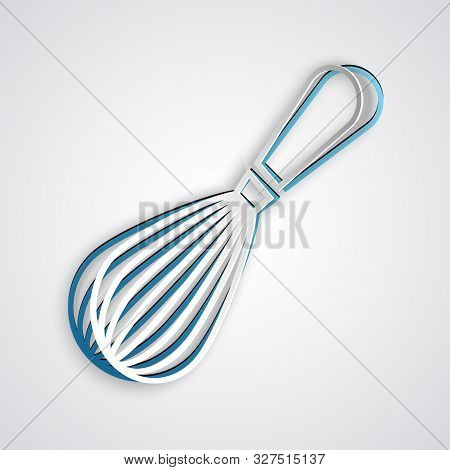 Paper Cut Kitchen Whisk Icon Isolated On Grey Background. Cooking Utensil, Egg Beater. Cutlery Sign.