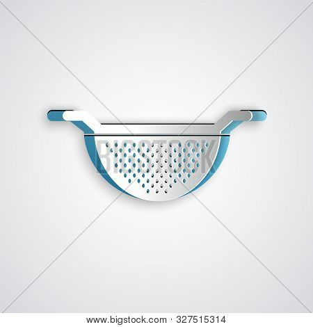 Paper Cut Kitchen Colander Icon Isolated On Grey Background. Cooking Utensil. Cutlery Sign. Paper Ar