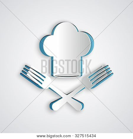 Paper Cut Chef Hat And Crossed Fork Icon Isolated On Grey Background. Cooking Symbol. Restaurant Men
