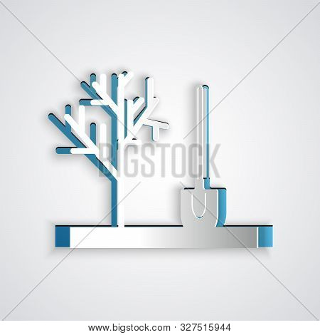 Paper Cut Planting A Tree In The Ground Icon Isolated On Grey Background. Gardening, Agriculture, Ca