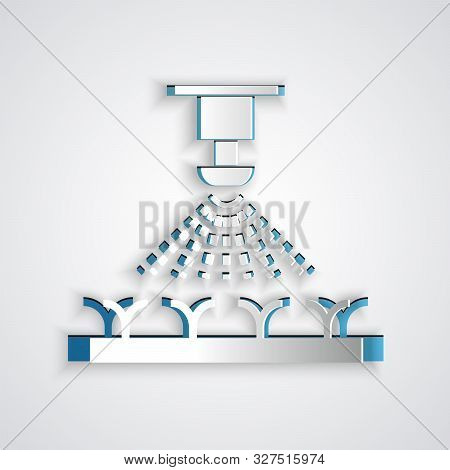 Paper Cut Automatic Irrigation Sprinklers Icon Isolated On Grey Background. Watering Equipment. Gard