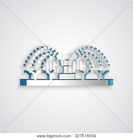 Paper Cut Automatic Irrigation Sprinklers Icon Isolated On Grey Background. Watering Equipment. Gard