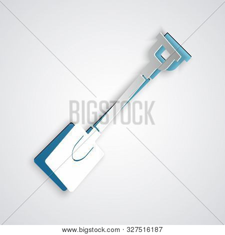 Paper Cut Garden Shovel Icon Isolated On Grey Background. Gardening Tool. Tool For Horticulture, Agr