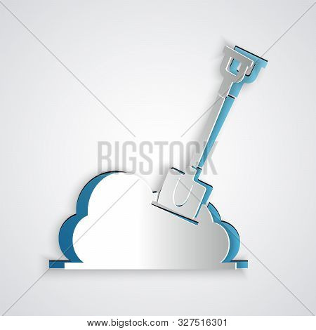 Paper Cut Shovel In The Ground Icon Isolated On Grey Background. Gardening Tool. Tool For Horticultu