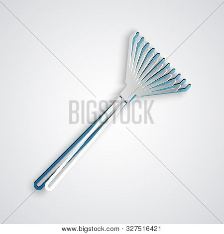 Paper Cut Garden Rake For Leaves Icon Isolated On Grey Background. Tool For Horticulture, Agricultur