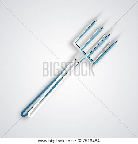 Paper Cut Garden Pitchfork Icon Isolated On Grey Background. Garden Fork Sign. Tool For Horticulture