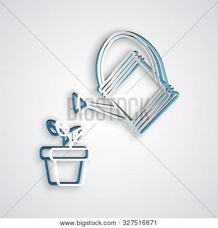 Paper Cut Watering Can Sprays Water Drops Above Plant In Pot Icon Isolated On Grey Background. Irrig
