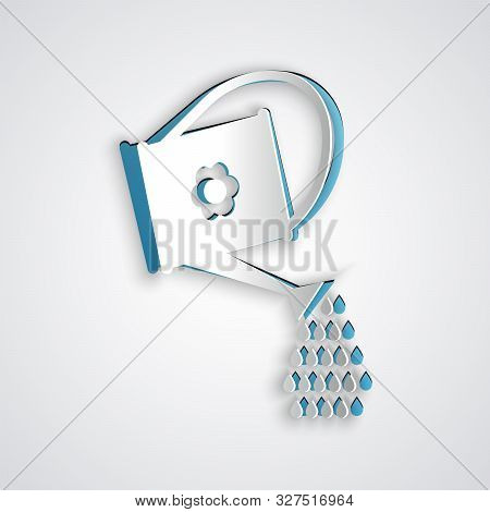 Paper Cut Watering Can Icon Isolated On Grey Background. Irrigation Symbol. Paper Art Style. Vector 