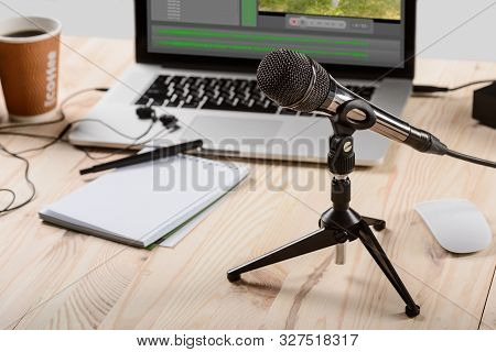 Hard Process Of Voice Work. Special Equipment For Recording: Black Microphone On A Holder, Modern La