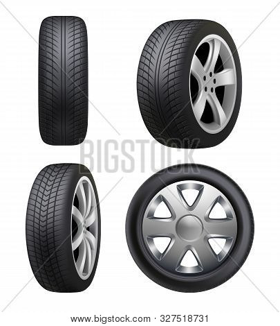 Tyres Realistic. Automobile Wheeling Vector Tyres For Cars Pictures Isolated. Illustration Tyre Auto