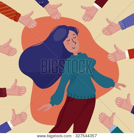 Happy Young Pretty Woman Surrounded By Hands Showing Thumbs Up Gesture, Concept Of Public Approval, 