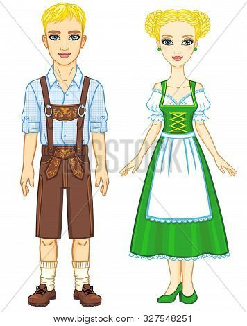 Animation Portrait Of The Bavarian Family Ancient Traditional Clothes. Full Growth. The Vector Illus
