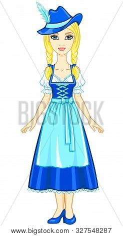 Animation Girl In Ancient Bavarian Dress And A Hat. The Vector Illustration Isolated On A White Back