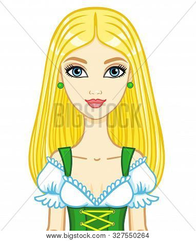 Animation Portrait Young Girl In An Ancient Bavarian Dress.vector Illustration Isolated On A White B