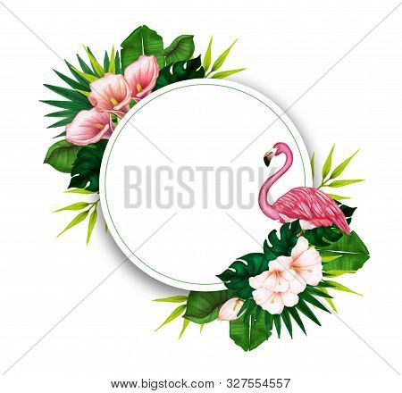 Watercolor Floral Card With Green Branchs. Hand Drawn Illustration. Wedding Frame. Bouquet With Flam