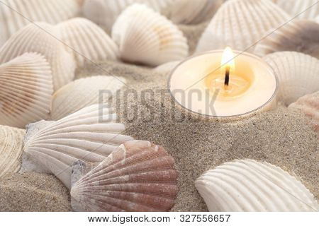 Spa Still Life - Candle And Shells In Sand
