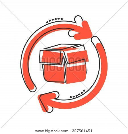Vector Cartoon Box Package Return Icon In Comic Style. Delivery Box With Arrow Concept Illustration 