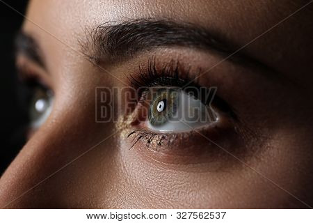 Amazing Female Green And Grey Coloured Eye With Tiny Bit Of Makeup Around In Low Light Technique Clo