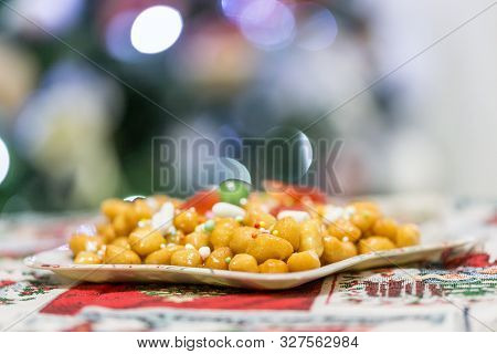 The Struffoli, Small Balls Pastry Fried And Dipped In Honey. Typical Neapolitan Dessert Of The Chris