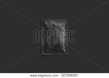 Blank Black Sachet Packet Mock Up, Isolated On Darkness, 3d Rendering. Empty Pulp Wrap For Peper Moc