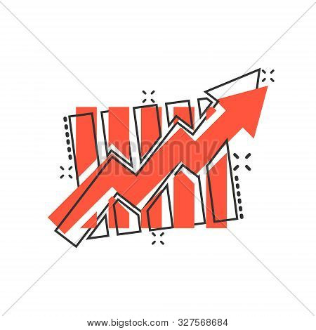 Growing Bar Graph Icon In Comic Style. Increase Arrow Vector Cartoon Illustration Pictogram. Infogra