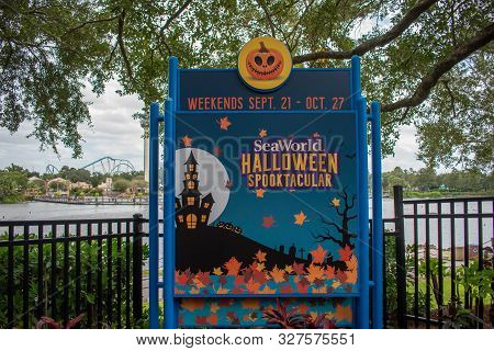 Orlando, Florida. September 21, 2019. Halloween Spooktacular Sign At Seaworld 155