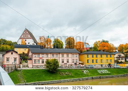 Porvoo, Finland - 2 October 2019: View Of Old Porvoo, Finland. Beautiful City Autumn Landscape With 