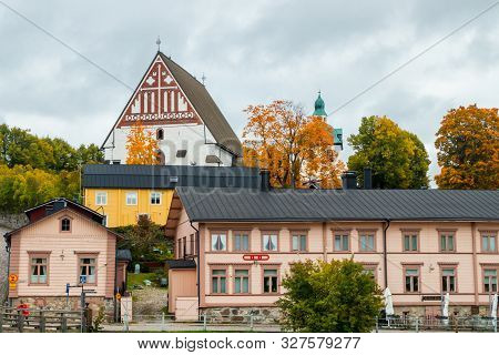 Porvoo, Finland - 2 October 2019: View Of Old Porvoo, Finland. Beautiful City Autumn Landscape With 