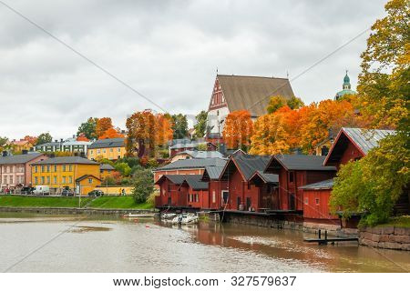 Porvoo, Finland - 2 October 2019: View Of Old Porvoo, Finland. Beautiful City Autumn Landscape With