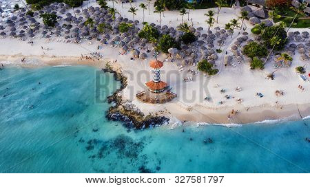 Dominican Republic Bayahibe Beach Lighthouse Aerial Photo By Drone. Crystal Clear Sea With Beautiful