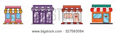 Shops And Stores Icons Set In Flat Design Style. Fast Food, Shop Book, Bar And Coffe. Vector Illustr